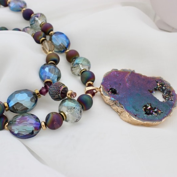Double Strand Purple Crystals Natural Stone Druzy Pendant Necklace - Picture 3 of 10
